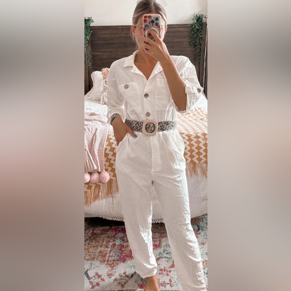 Zara Off White Button-Front Jumpsuit with Decorative Belt- NWT